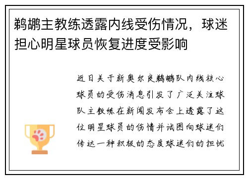 鹈鹕主教练透露内线受伤情况，球迷担心明星球员恢复进度受影响