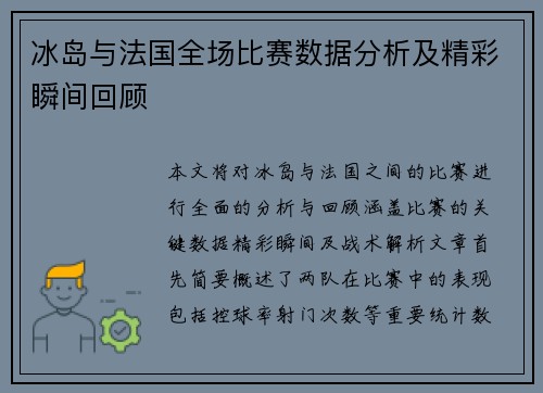 冰岛与法国全场比赛数据分析及精彩瞬间回顾